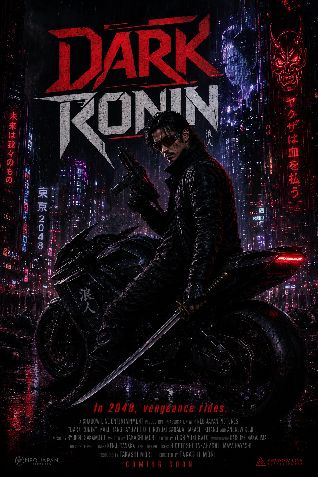 Dark Ronin concept poster: Ren with a katana beside a black motorcycle in neon-lit, rainy 2048 Japan