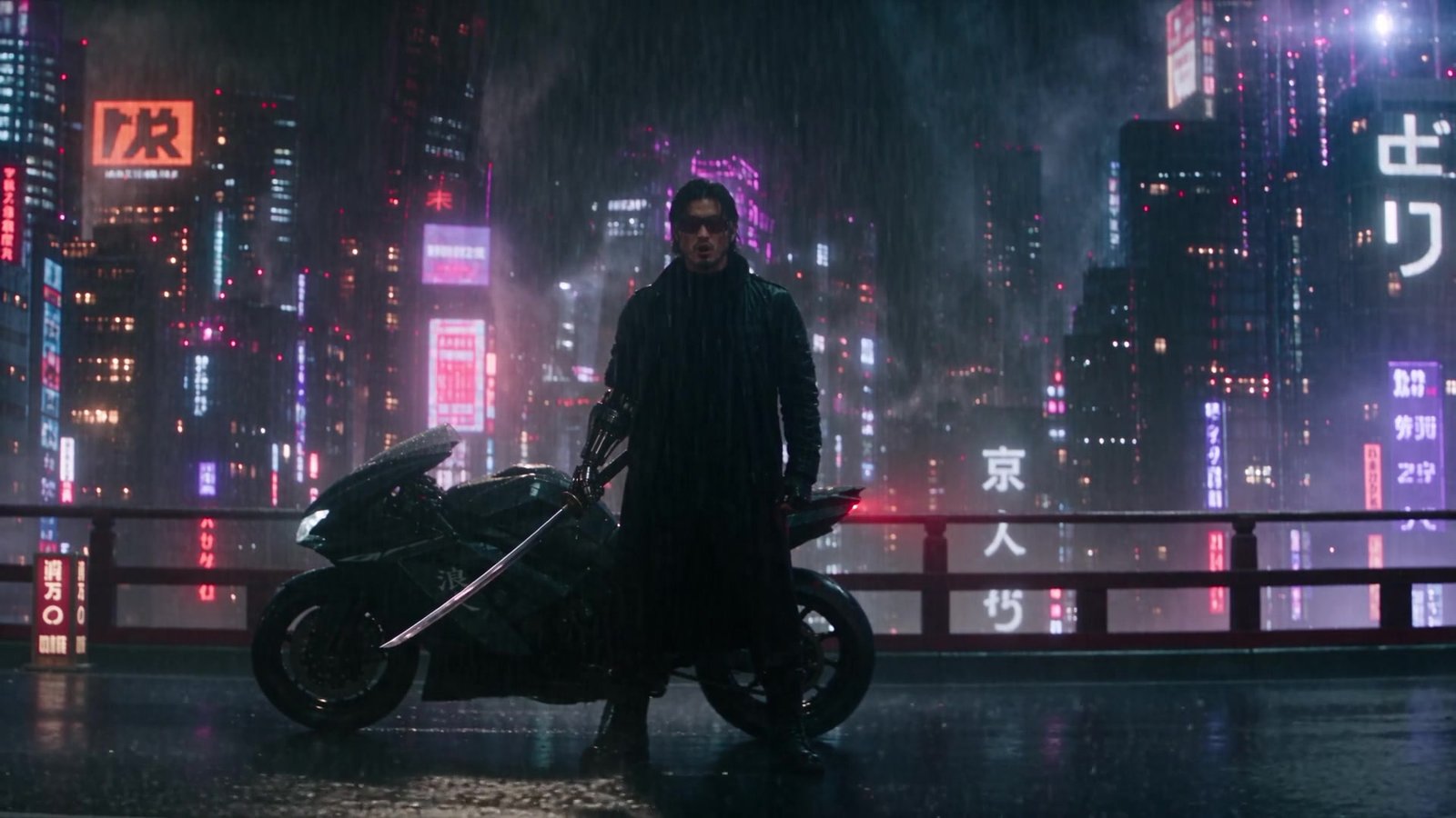 Ren beside his motorcycle on a rainy street in the Dark Ronin concept teaser